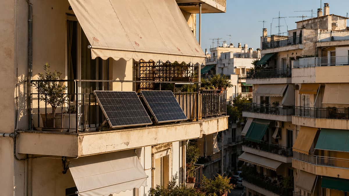 Small solar panels mounted on the balcony of a Greek apartment building.
