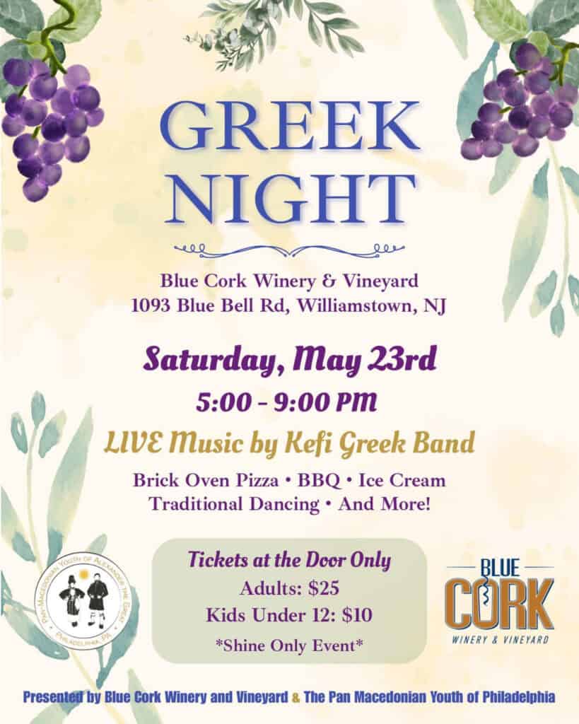 Greek Night flyer at Blue Cork Winery and Vineyard in Williamstown NJ on May 23 2026 with live music by Kefi Greek Band
