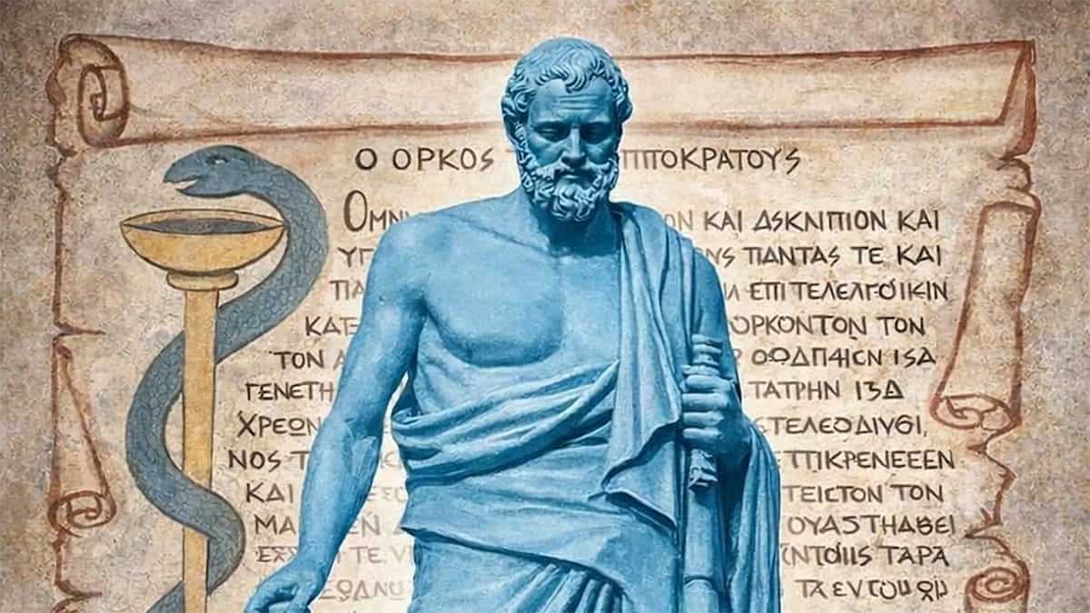 Statue of Hippocrates with the Hippocratic Oath and Rod of Asclepius in the background