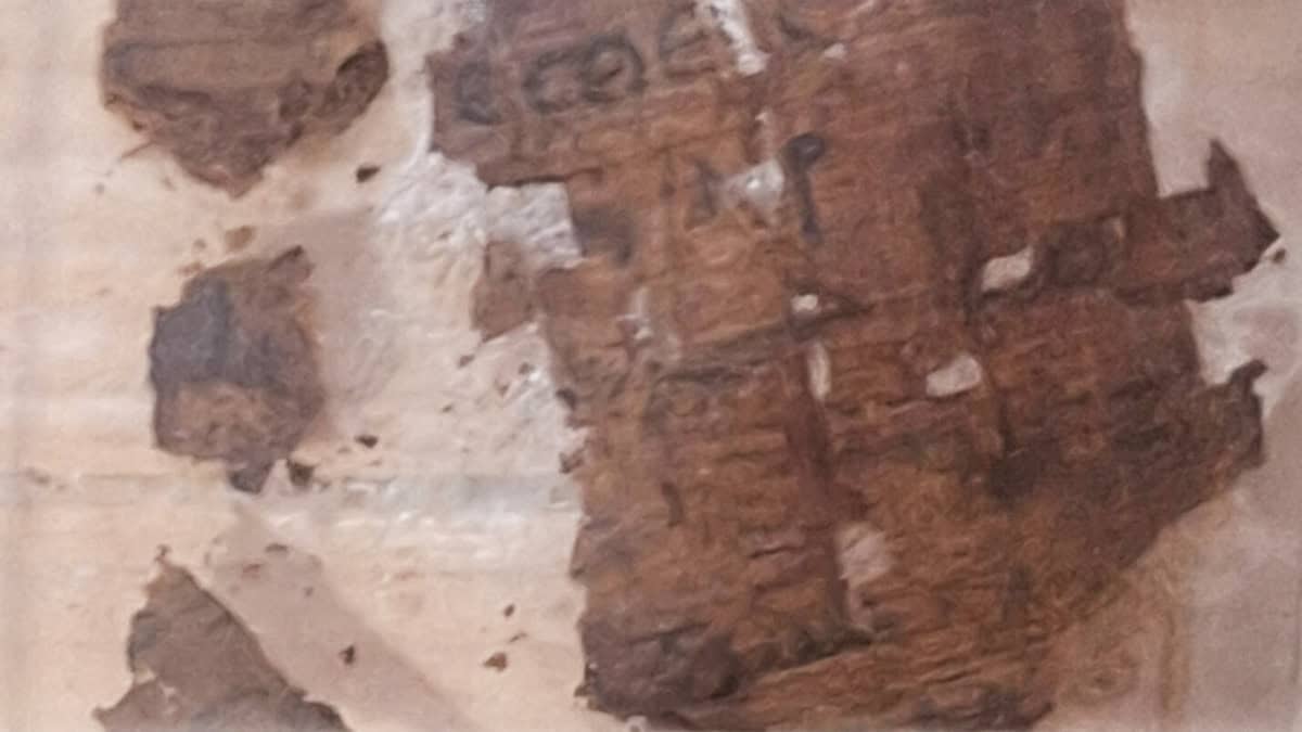 Papyrus fragments with Greek writing found on the abdomen of a Roman-era mummy at Oxyrhynchus in Egypt.