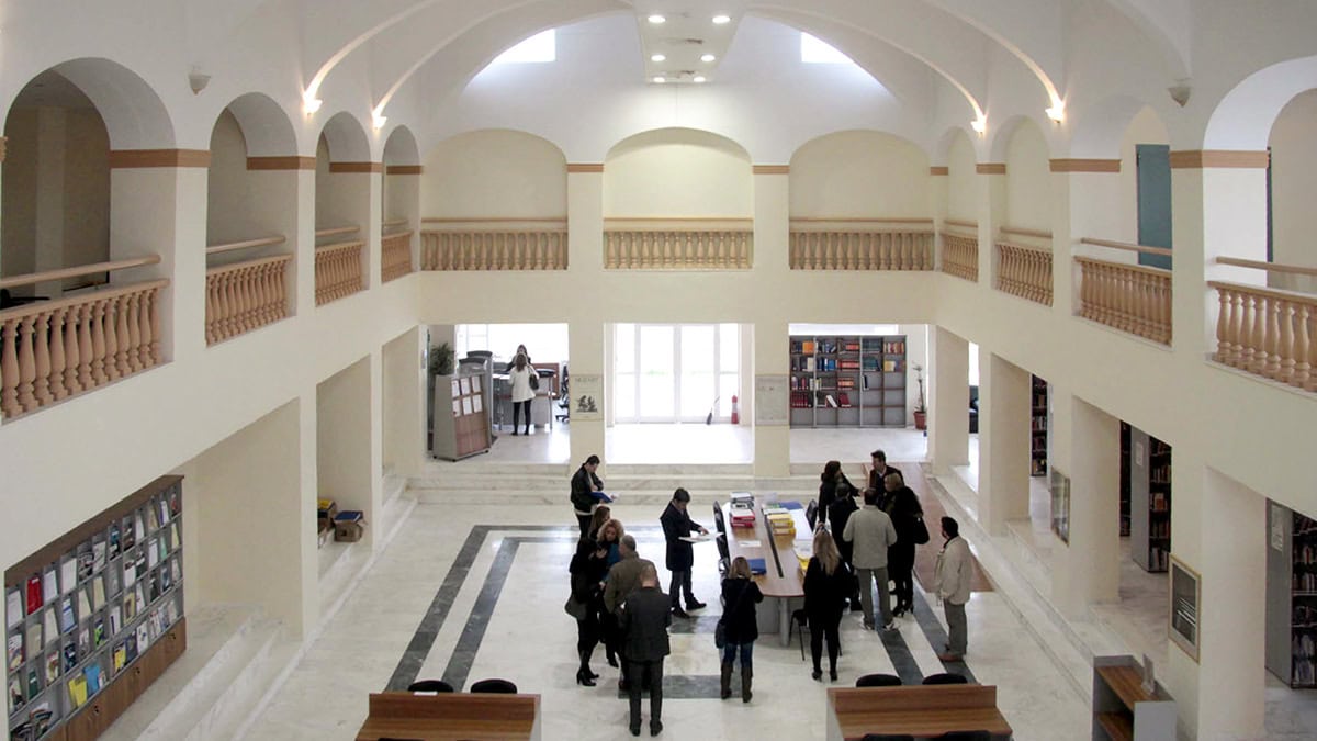 Panoramic view of the International Hellenic University library at the main campus in Thermi, Thessaloniki.