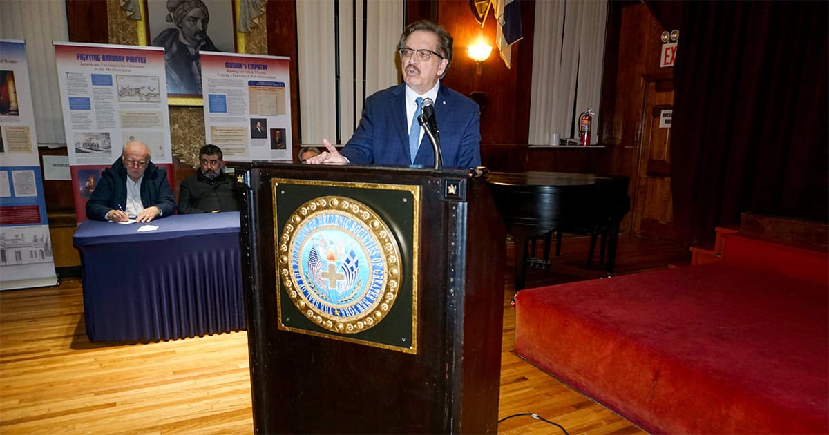 Lou Katsos speaks during a Greek Independence Day Parade planning event in New York