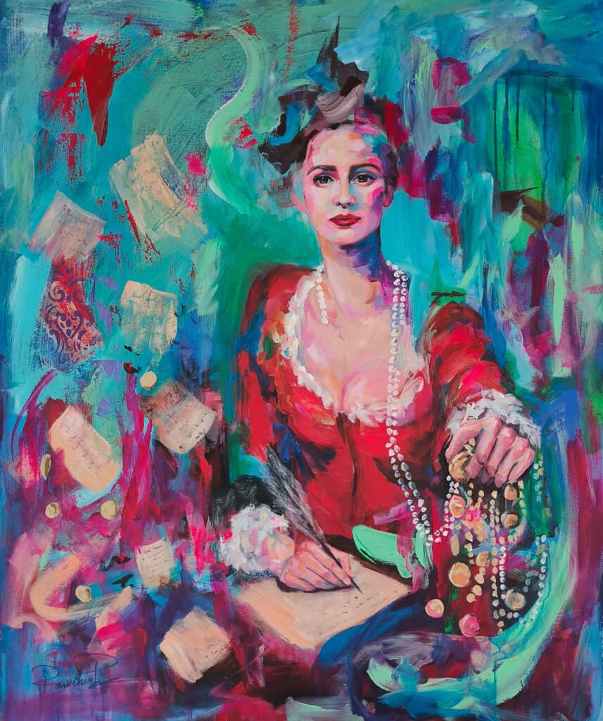 Ramona Pintea painting of Manto Mavrogenous with layered color and expressive brushwork