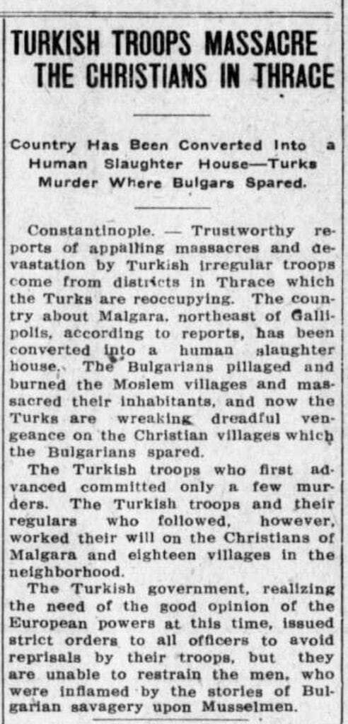 1913 newspaper report describing massacres and devastation in Thrace