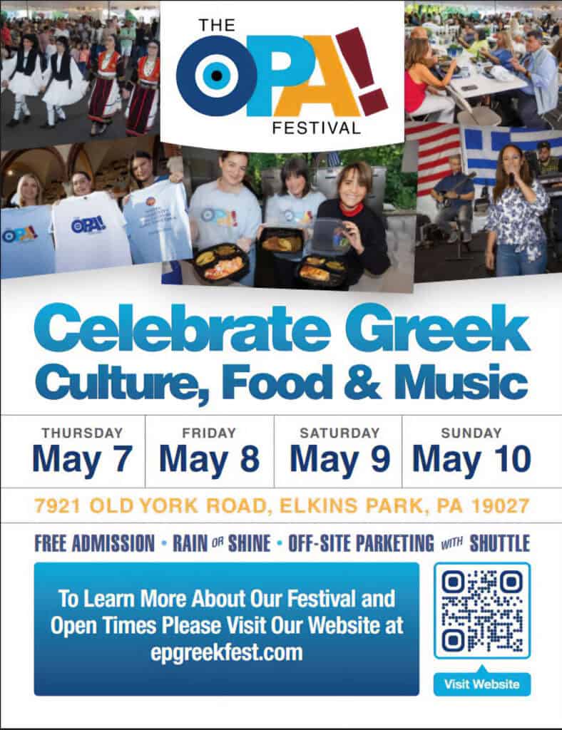 OPA Festival 2026 flyer at Annunciation Greek Orthodox Church in Elkins Park with dates May 7 to 10