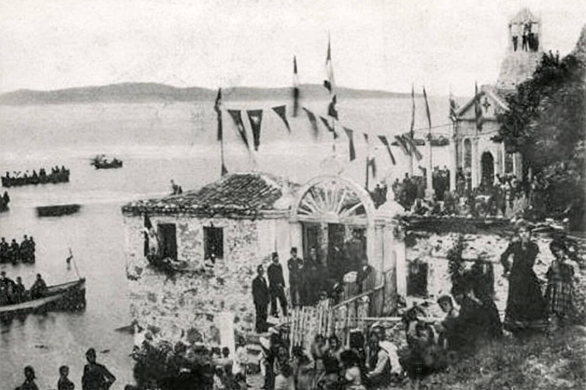 Historic photo of a Greek Orthodox gathering by the waterfront in Panormos (Bandırma), early 20th century