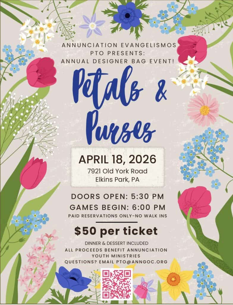 Petals and Purses designer bag fundraiser flyer Annunciation Evangelismos Elkins Park April 2026