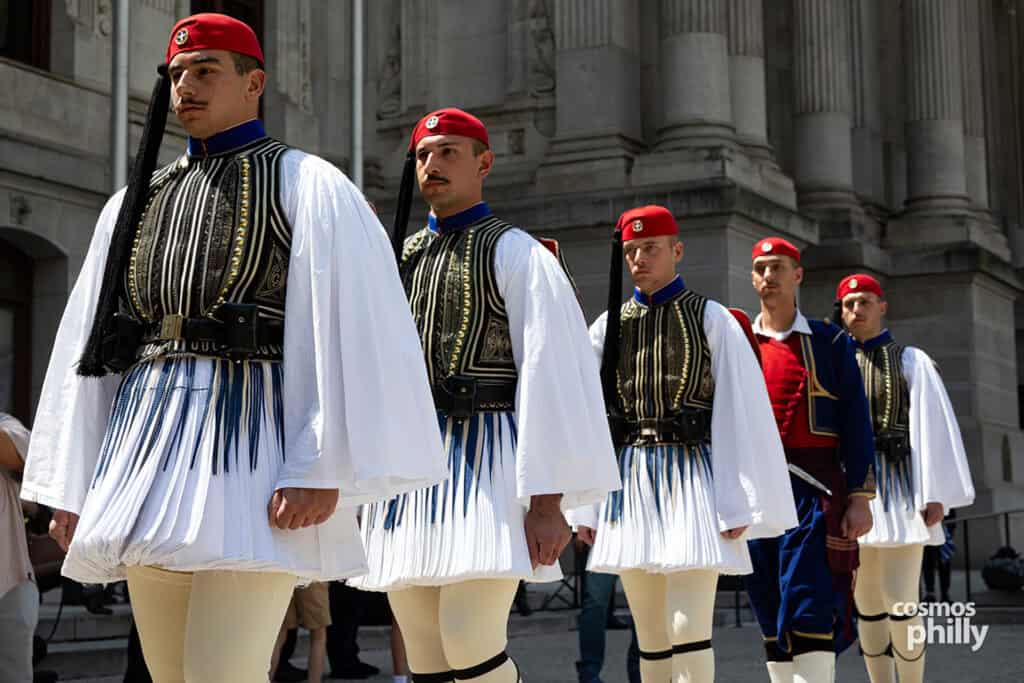 Evzones at the Greek Independence Day flag-raising ceremony at Philadelphia City Hall.