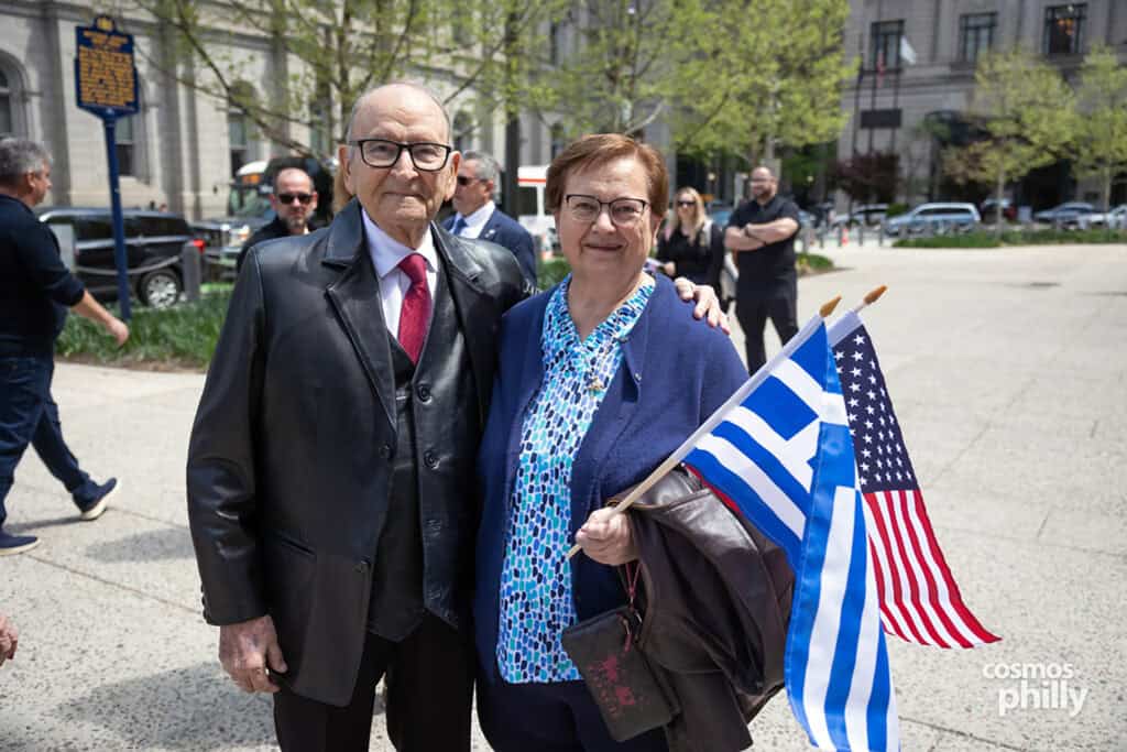 Community members gather for the Greek flag-raising ceremony at Philadelphia City Hall.