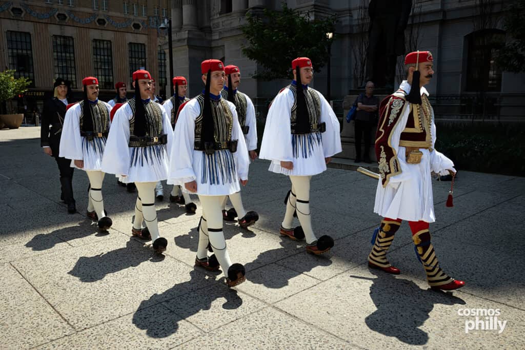 Evzones at the Greek Independence Day flag-raising ceremony at Philadelphia City Hall.