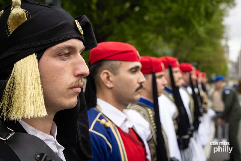 Evzones marching during the 2026 Philadelphia Greek Independence Day Parade on the Benjamin Franklin Parkway.