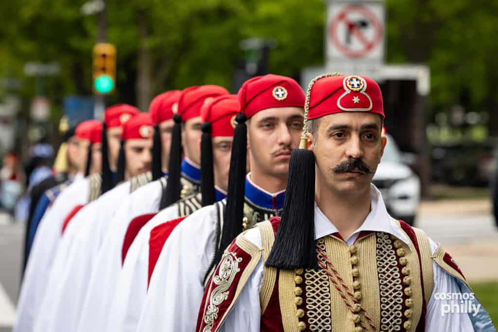 Evzones marching during the 2026 Philadelphia Greek Independence Day Parade on the Benjamin Franklin Parkway.