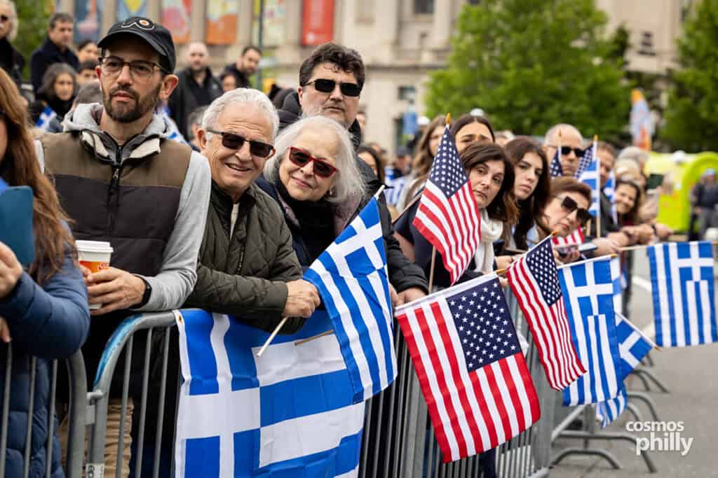 Crowds gathered along the Benjamin Franklin Parkway for the Philadelphia Greek Independence Day Parade.