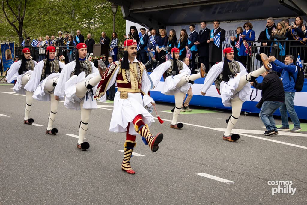 Evzones marching during the 2026 Philadelphia Greek Independence Day Parade on the Benjamin Franklin Parkway.