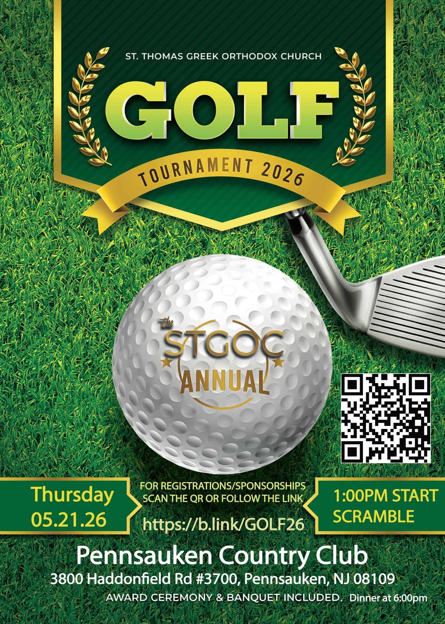 Flyer for the 2026 St. Thomas Greek Orthodox Church Annual Golf Tournament at Pennsauken Country Club.