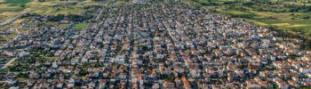 Aerial view of Orestiada in Evros, showing the town and surrounding agricultural plain.