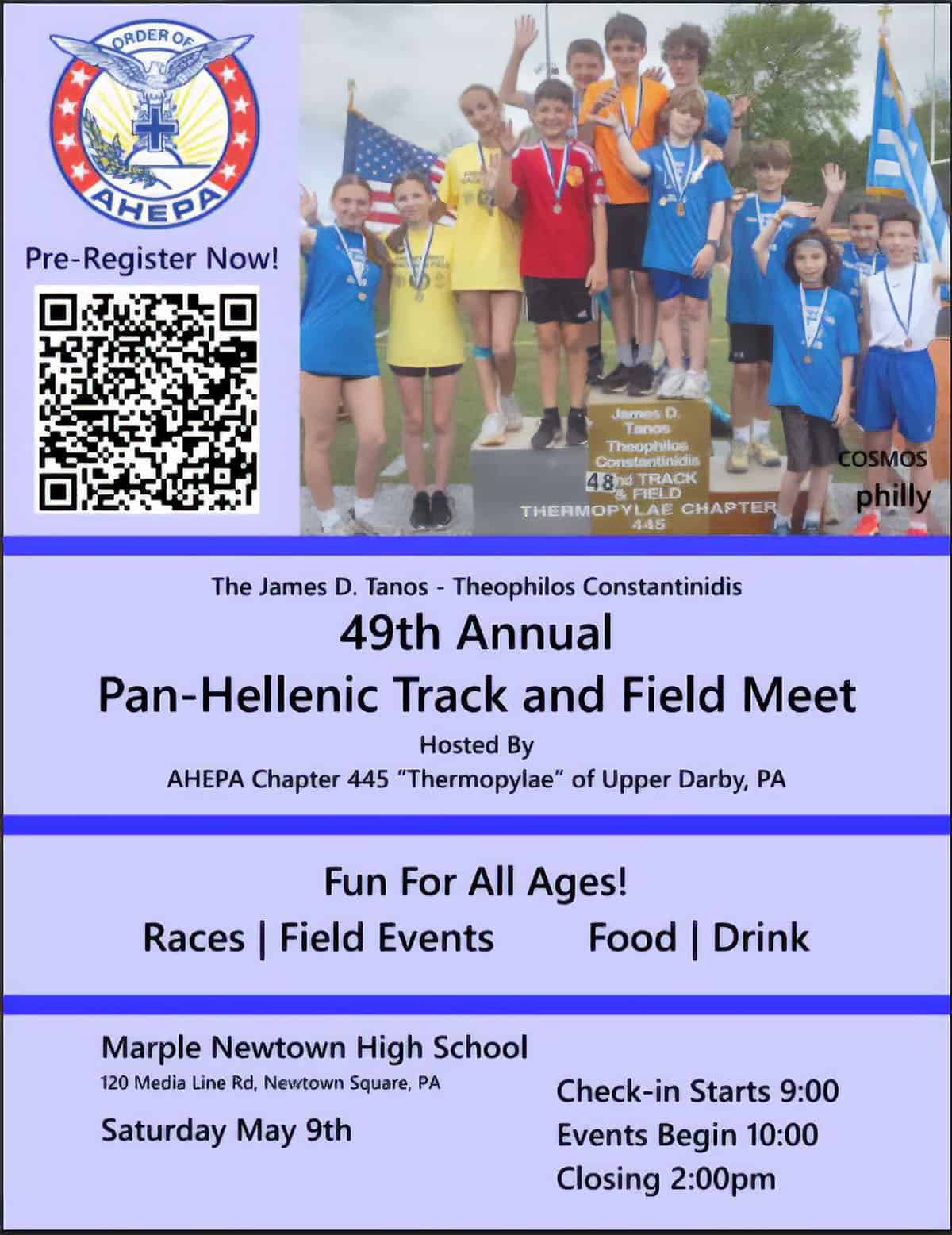 Flyer for the 49th Annual Pan-Hellenic Track and Field Meet hosted by AHEPA Chapter 445 in Newtown Square, Pennsylvania, on May 9, 2026.