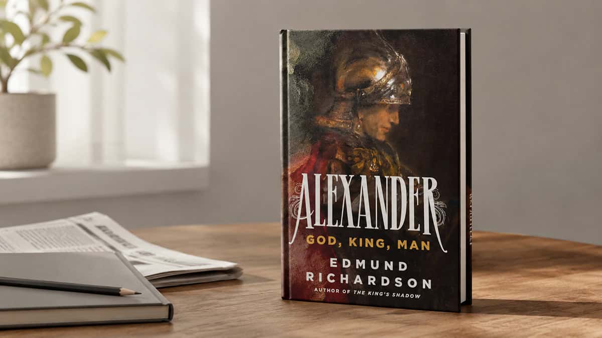Book cover of Alexander: God, King, Man by Edmund Richardson on a modern desk.