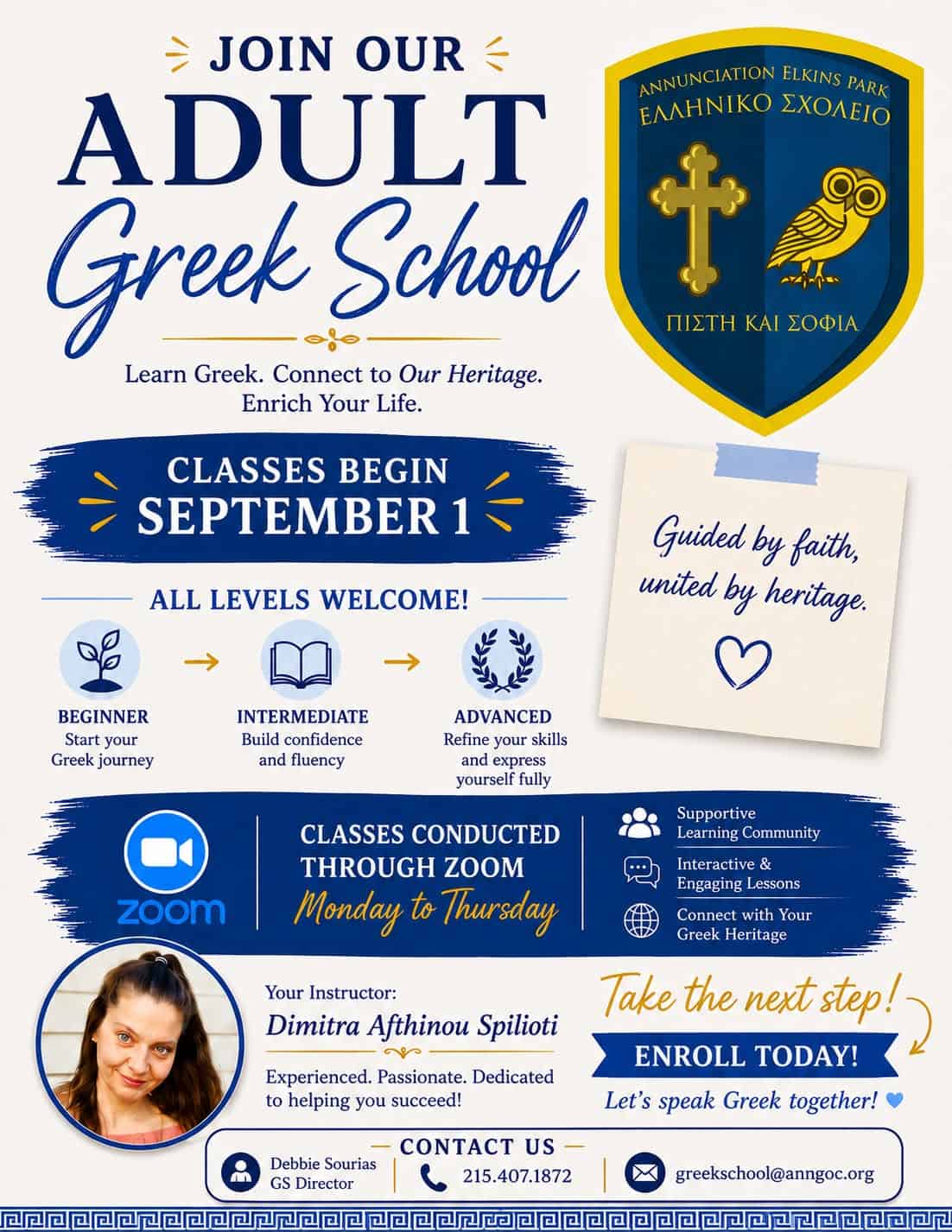 Alt Text:
Flyer for Annunciation Elkins Park Adult Greek School Program, with Zoom classes beginning in September 2026.