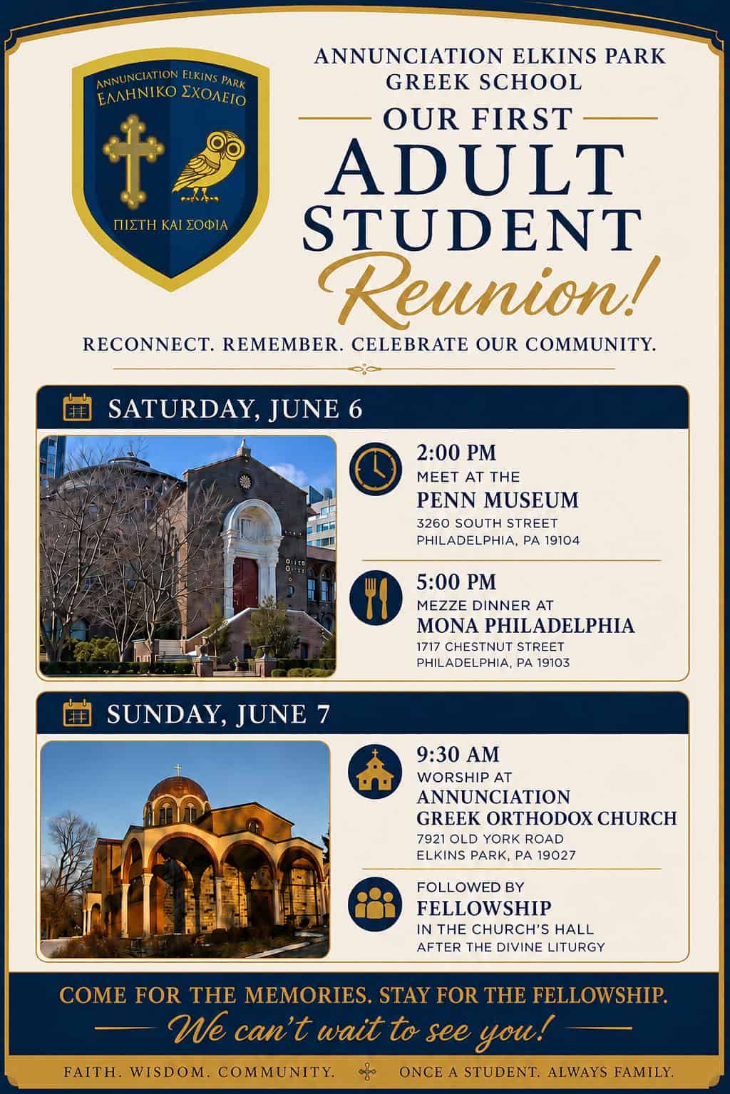 Flyer for Annunciation Elkins Park Greek School’s first Adult Student Reunion on June 6 and 7, 2026.