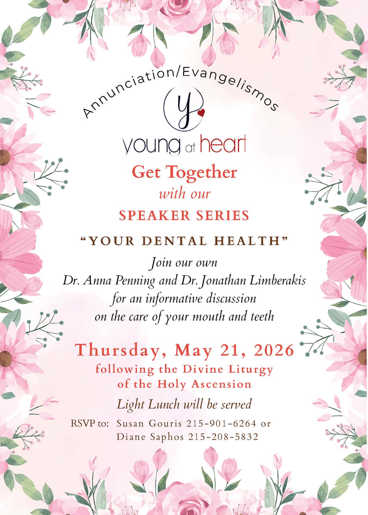 Flyer for the Annunciation-Evangelismos Young-at-Heart dental health speaker series on May 21, 2026, featuring Dr. Anna Penning and Dr. Jonathan Limberakis.