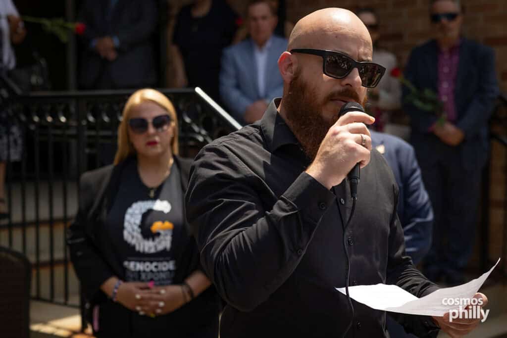 Dimosthenis Giamouridis speaks during the Pontian Genocide commemoration in Upper Darby.