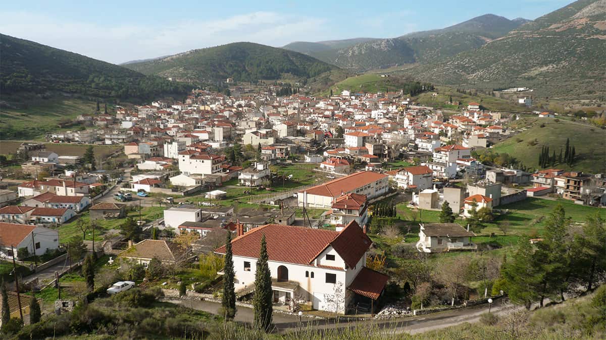 View of Distomo, Greece, surrounded by hills and mountains in Boeotia.