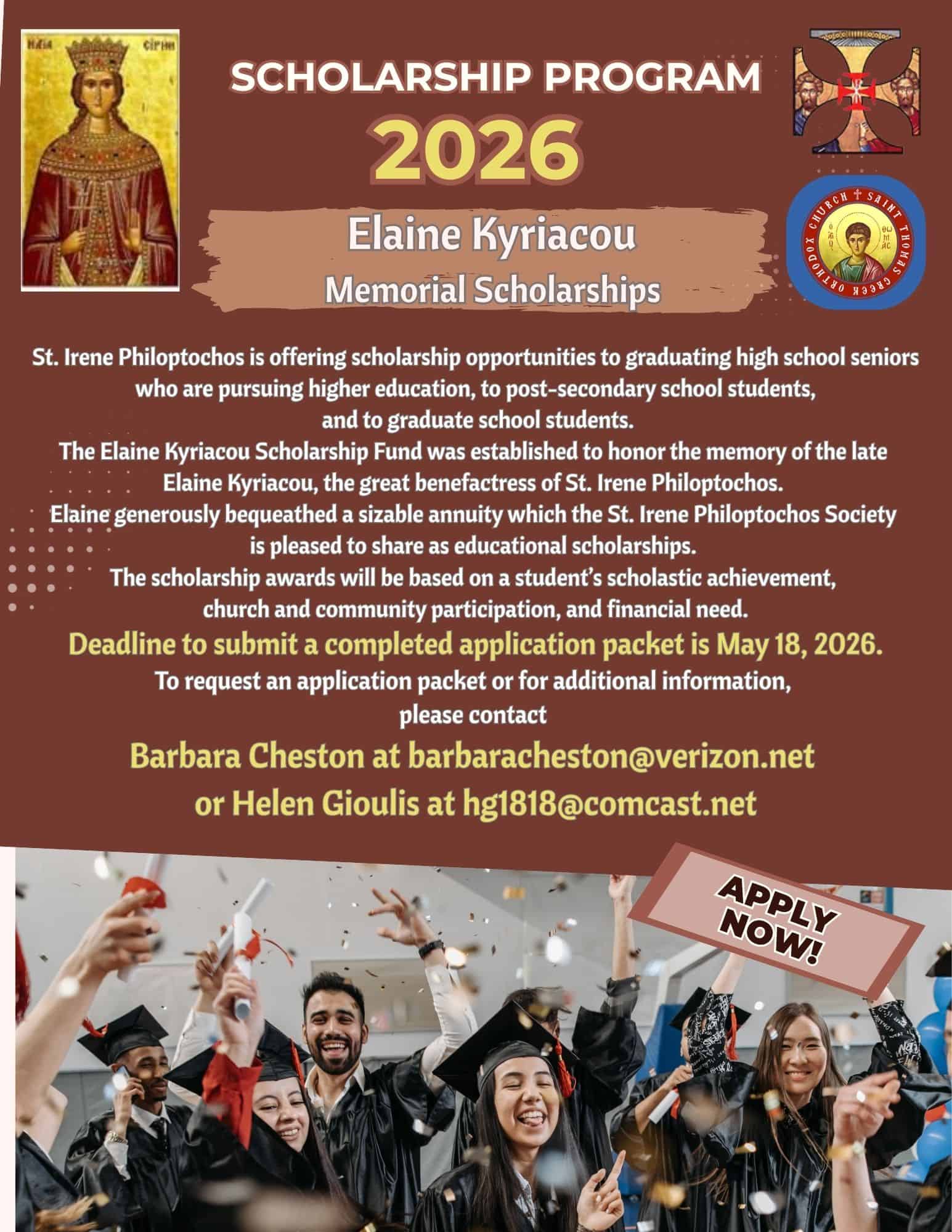 Flyer announcing the 2026 Elaine Kyriacou Memorial Scholarships, with application deadline and contact information.