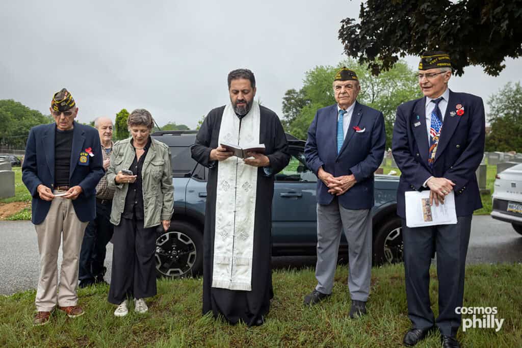 Greek American VFW Post Eleftheria members, veterans, and guests gather for a Memorial Day service at Fernwood Cemetery in Lansdowne, Pennsylvania, in 2026
