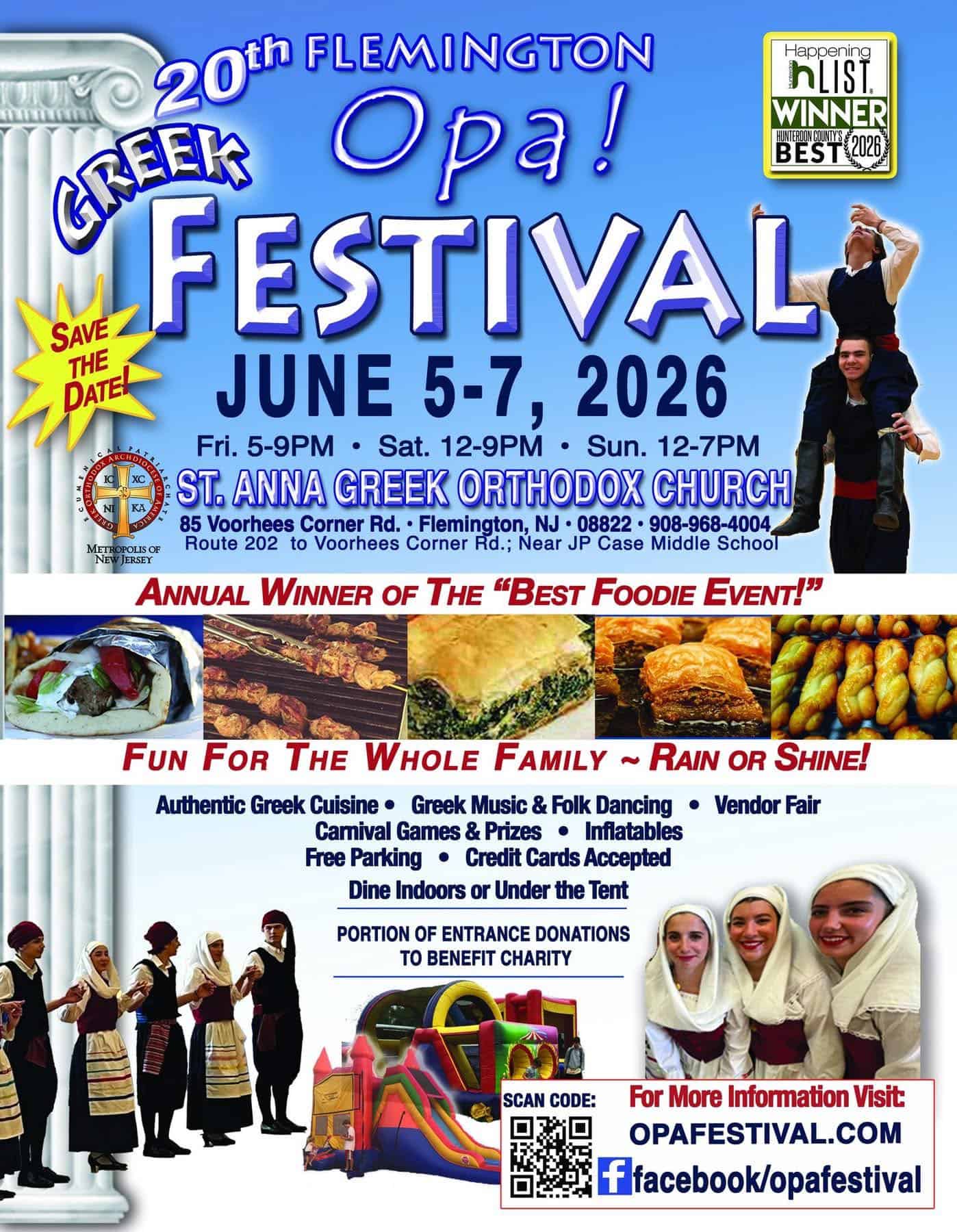 Flyer for the Flemington Opa! Greek Festival, June 5-7, 2026, at St. Anna Greek Orthodox Church in Flemington, New Jersey.