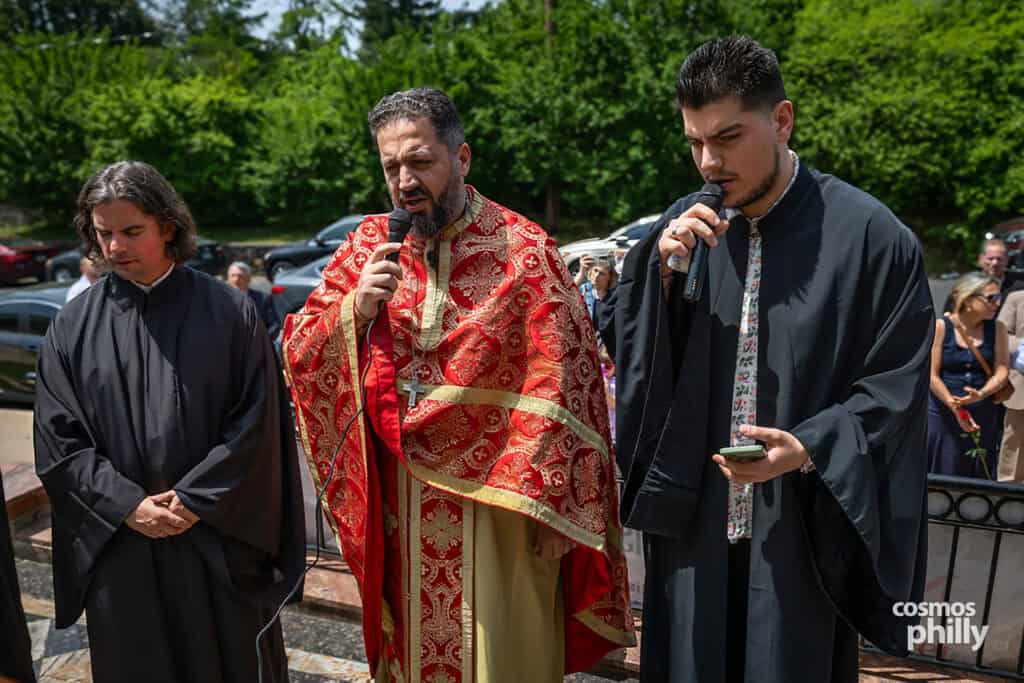Fr. Alexandros Kaitidis leads prayers with chanters during the Pontian Genocide commemoration at St. Demetrios Greek Orthodox Church.