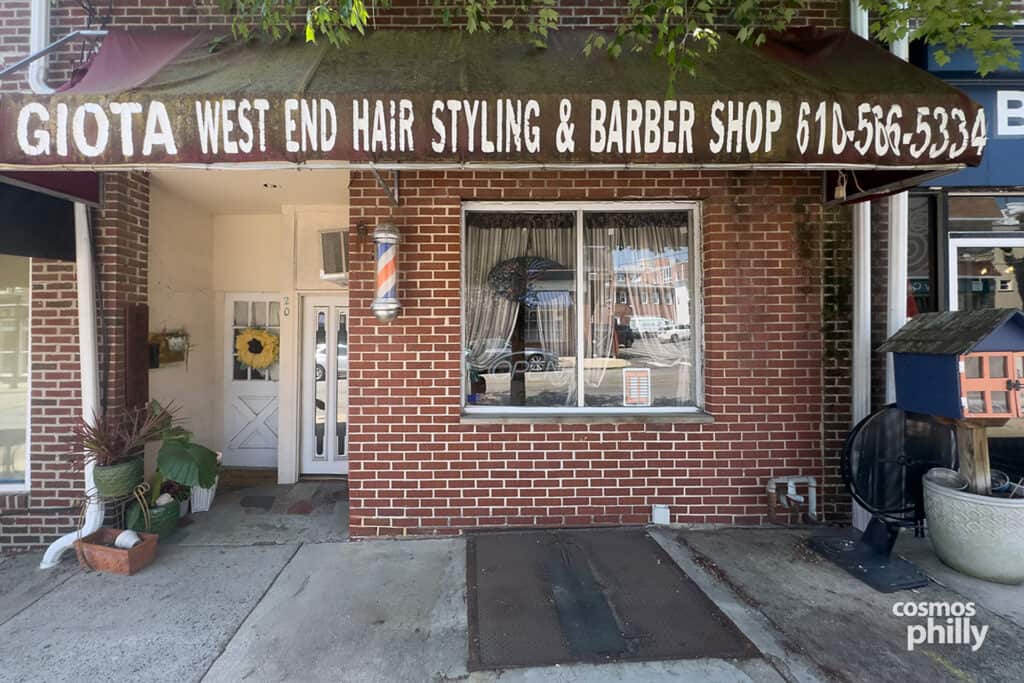 Exterior of Giota’s West End Hairstyling and Barbershop at 20 South Orange Street in Media, Pennsylvania.