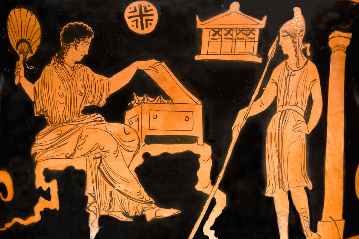 Ancient Greek vase painting showing Helen seated and Paris standing with a spear.
