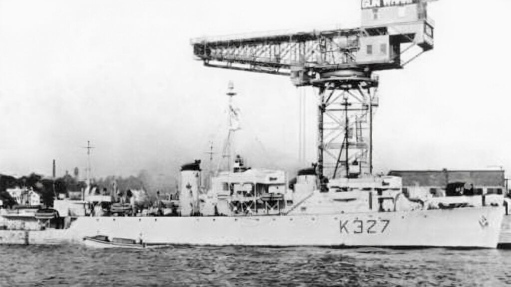 Black-and-white wartime photo of HMCS Stormont, the Canadian frigate later converted into Christina O.