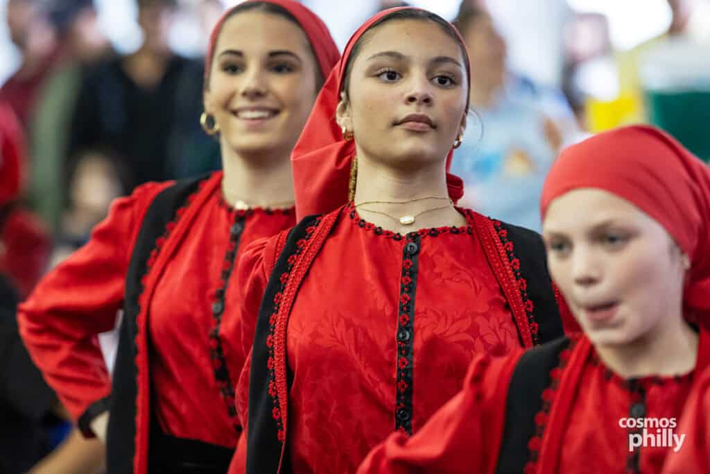 Greek dancers perform in traditional costumes at the 2026 OPA! Festival in Elkins Park.