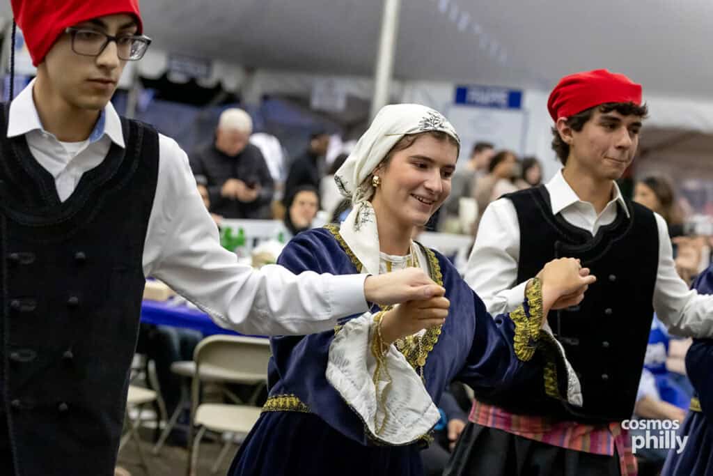 Greek dancers perform in traditional costumes at the 2026 OPA! Festival in Elkins Park.