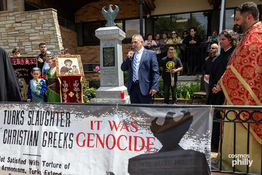 Stefanos Evangelopoulos speaks during the Pontian Genocide commemoration at St. Demetrios in Upper Darby.