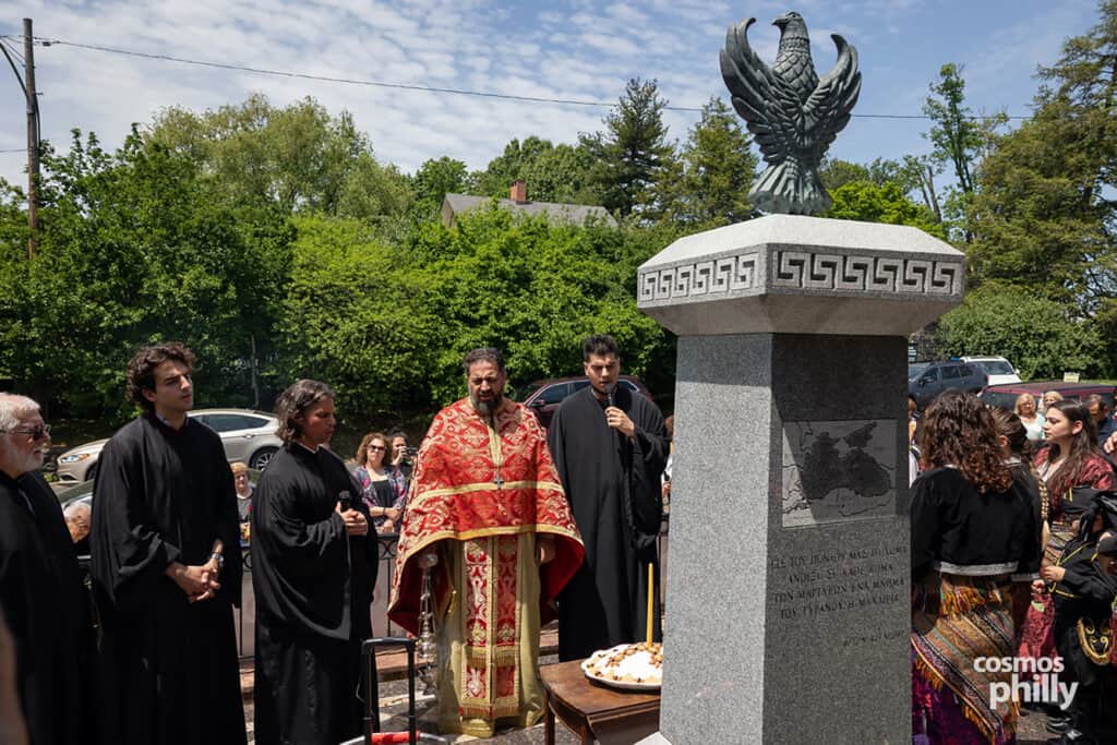 Clergy and parishioners gather at the Pontian Genocide monument during prayers at St. Demetrios in Upper Darby.