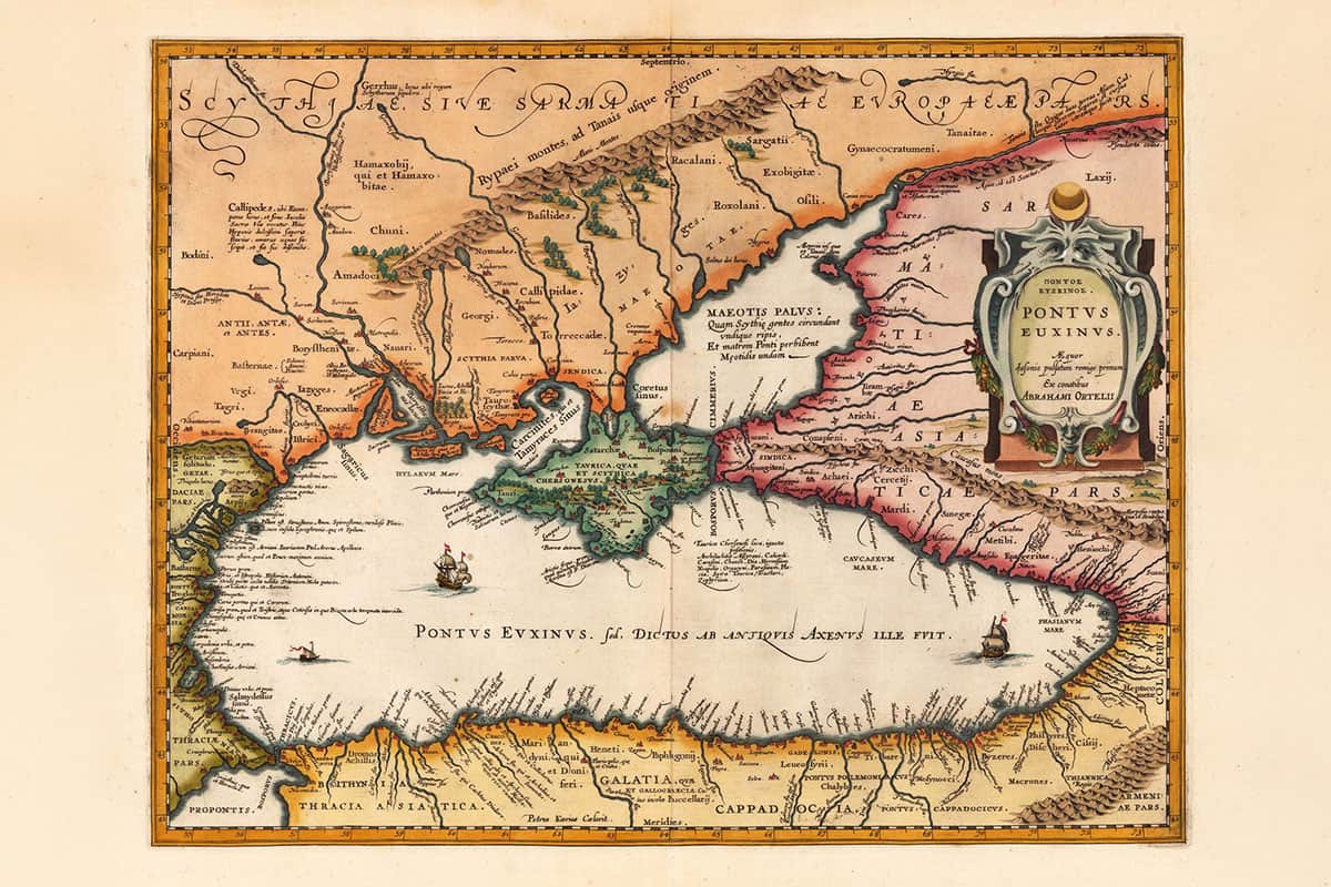 Historical map of the Black Sea labeled Pontus Euxinus, showing the wider region connected to Pontic Greek history.