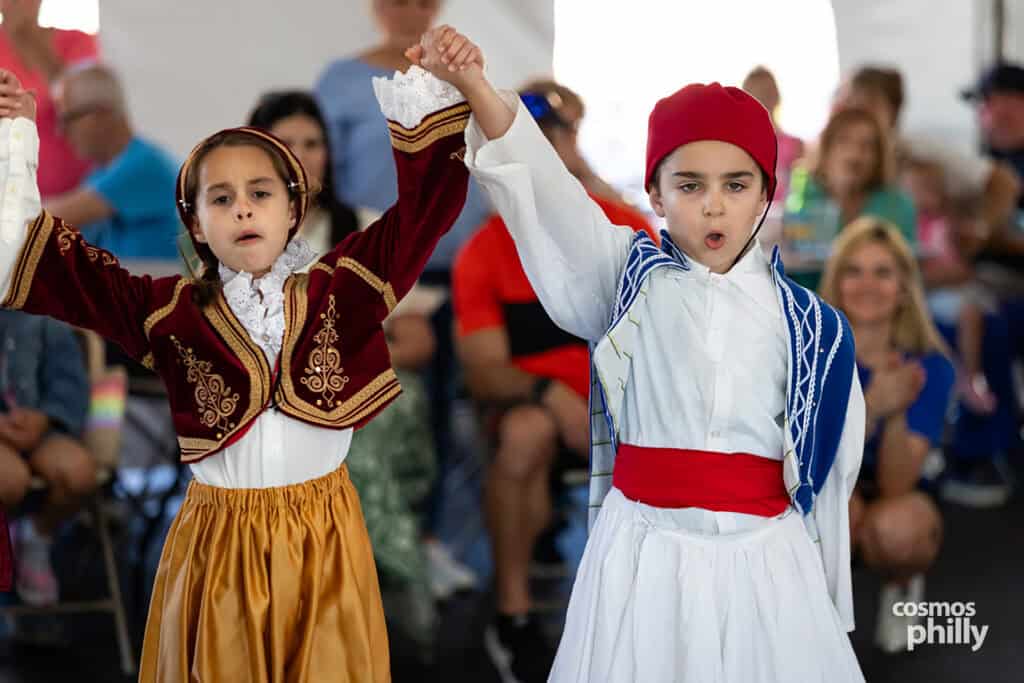 Folk dancers perform at the 2026 Saint Sophia Grecian Festival in Jeffersonville, Pennsylvania.