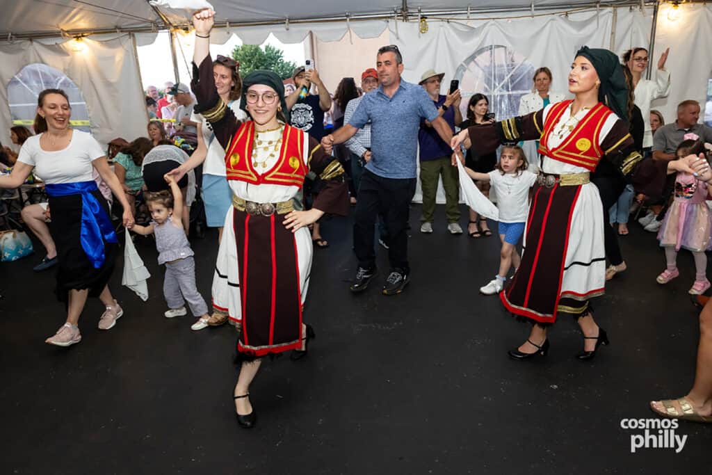Folk dancers perform at the 2026 Saint Sophia Grecian Festival in Jeffersonville, Pennsylvania.