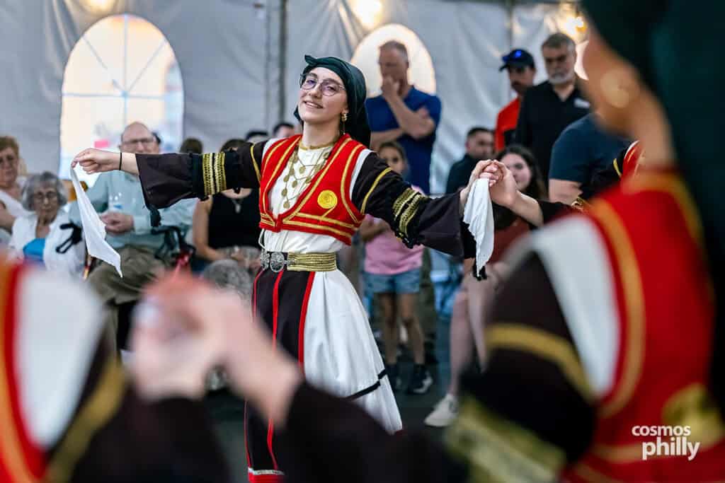 Folk dancers perform at the 2026 Saint Sophia Grecian Festival in Jeffersonville, Pennsylvania.