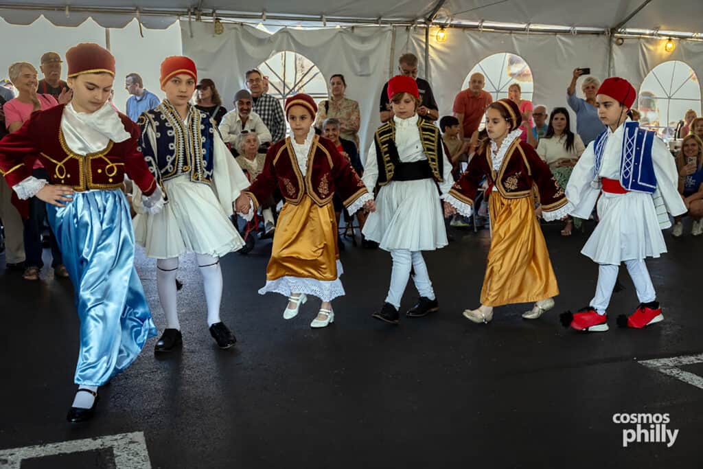 Folk dancers perform at the 2026 Saint Sophia Grecian Festival in Jeffersonville, Pennsylvania.