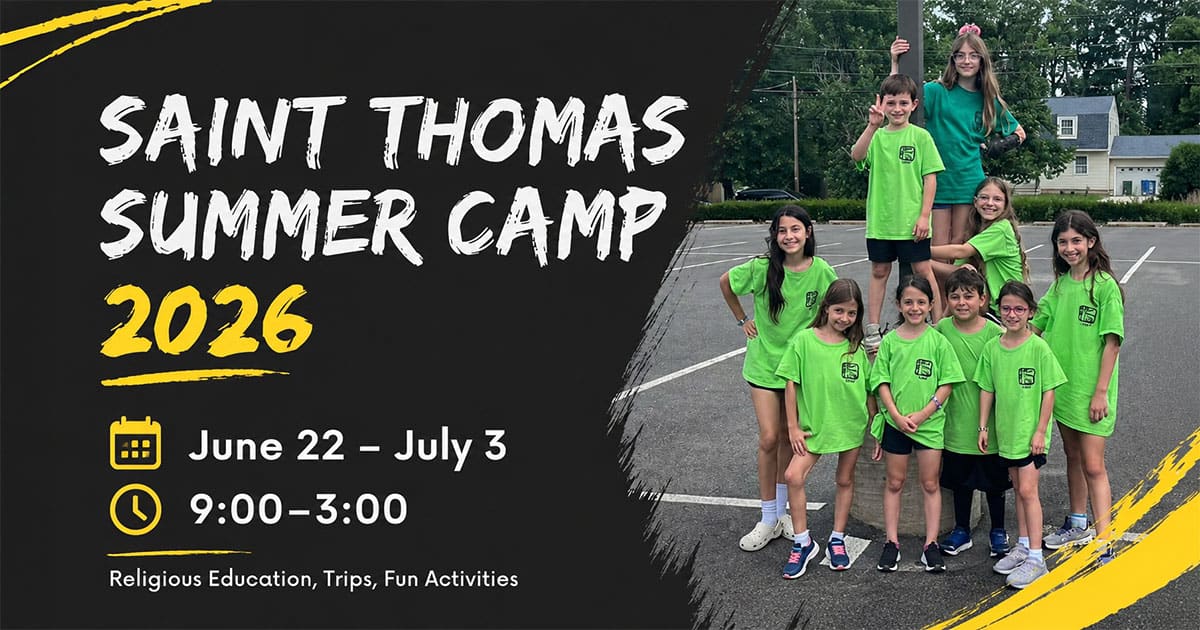 Children wearing green Saint Thomas Summer Camp shirts pose outdoors for the 2026 summer camp in Cherry Hill.