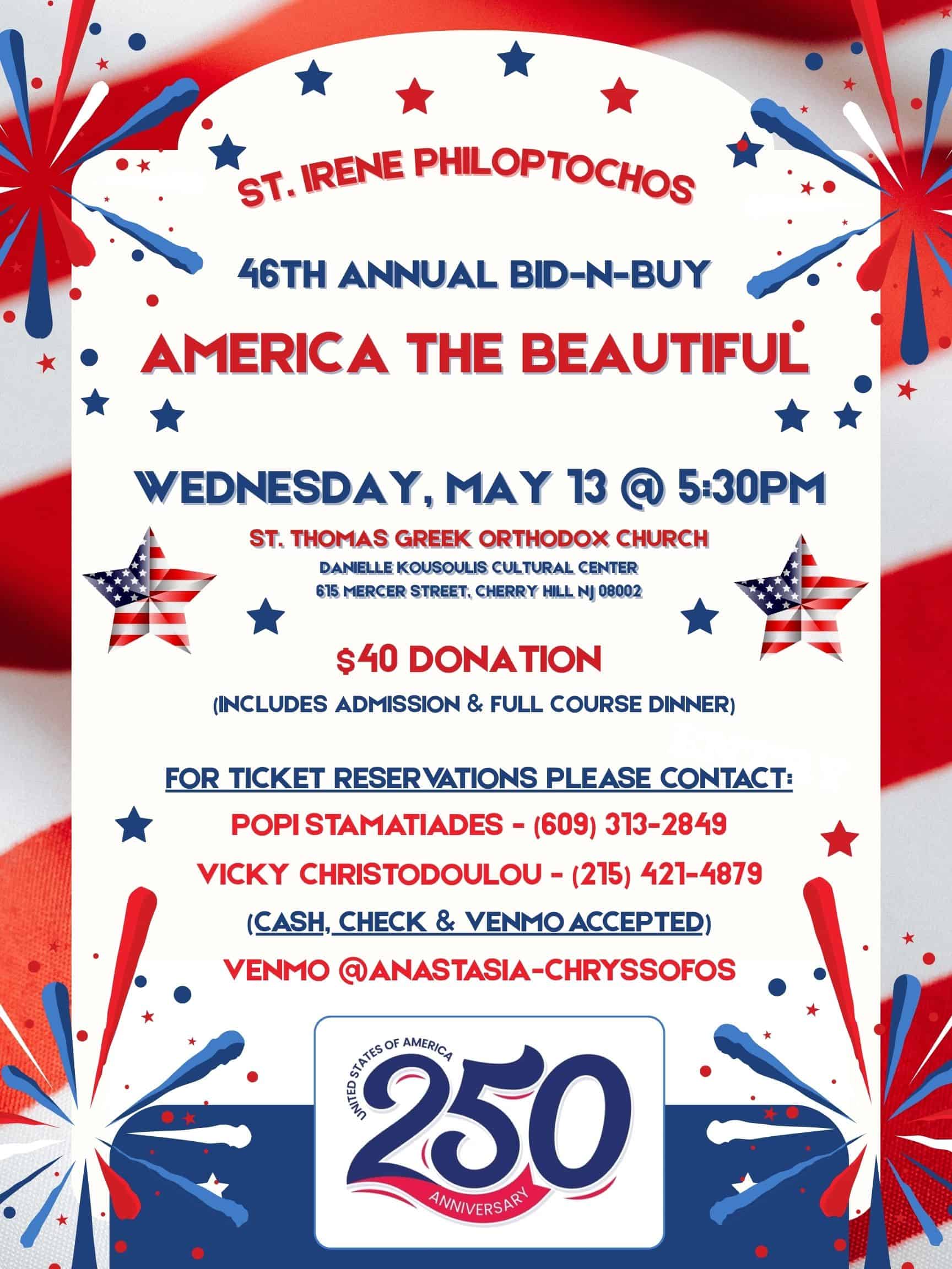 Flyer for the St. Irene Philoptochos 46th Annual Bid-N-Buy, “America the Beautiful,” on May 13, 2026, at St. Thomas Greek Orthodox Church in Cherry Hill.
