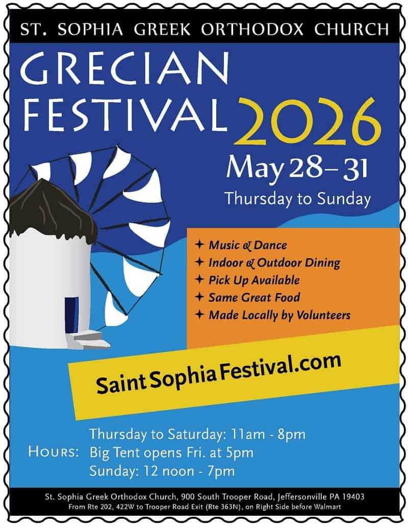 Flyer for the 2026 St. Sophia Grecian Food Festival in Jeffersonville, Pennsylvania, May 28 to 31.