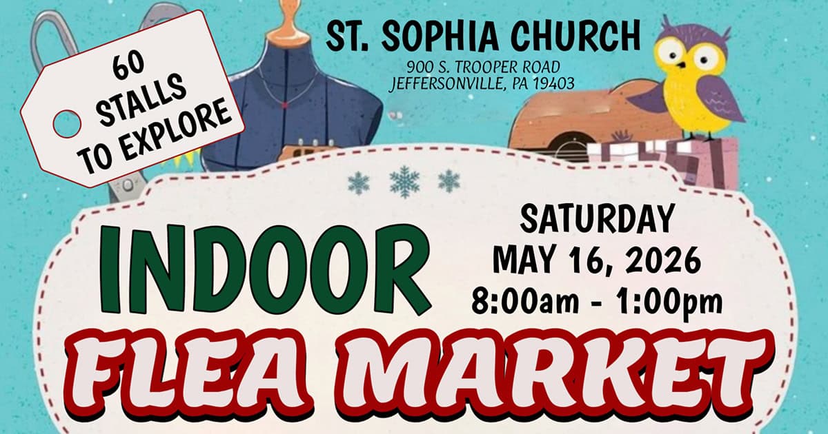 Flyer for the St. Sophia Philoptochos Indoor Flea Market in Jeffersonville on May 16, 2026.