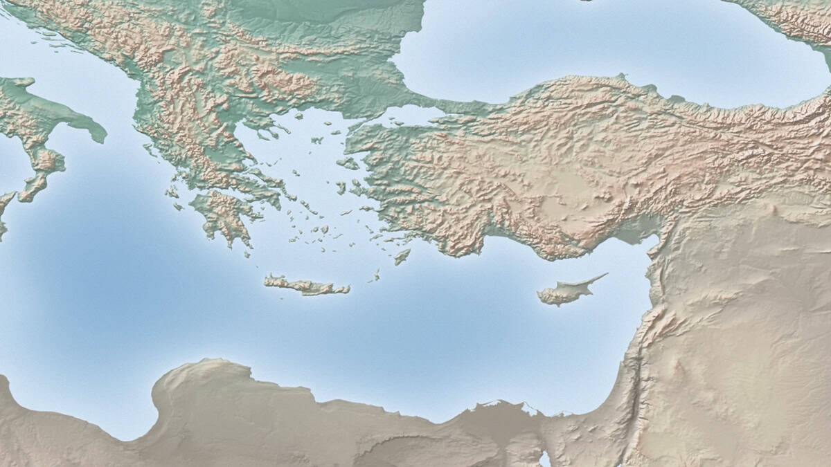 Map of the Aegean Sea and Eastern Mediterranean showing Greece, western Turkey, Crete, Cyprus, and nearby maritime areas.