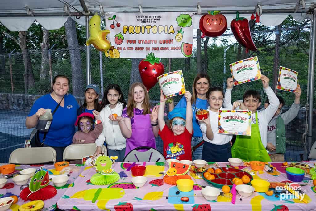 Scenes from the St. Demetrios Greek Wine and Food Festival in Upper Darby, with guests, food, dancing, volunteers, and activity under the festival tent.