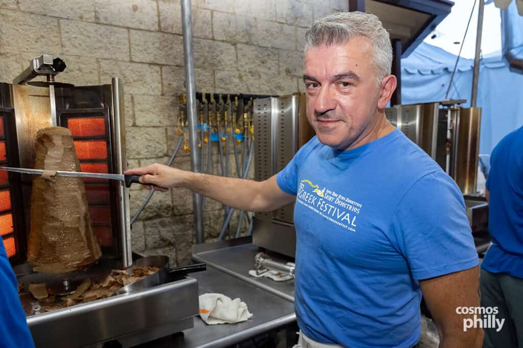 Scenes from the St. Demetrios Greek Wine and Food Festival in Upper Darby, with guests, food, dancing, volunteers, and activity under the festival tent.